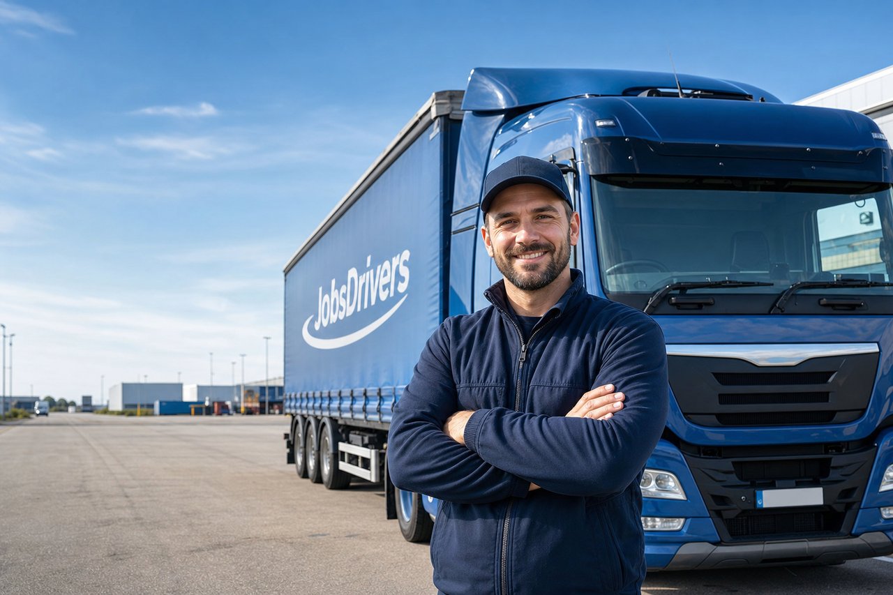 Professional UK truck driver in front of a Jobs Drivers lorry